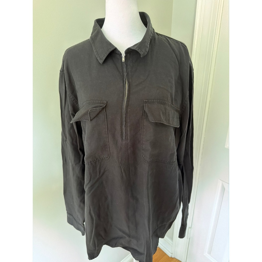 Everlane Mens Large Black Tencel Cotton Quarter Zip Utility Shirt Flap Pockets